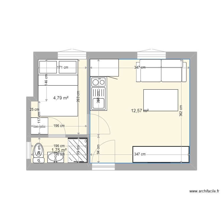 studio travaux chere. Plan de 3 pièces et 19 m2