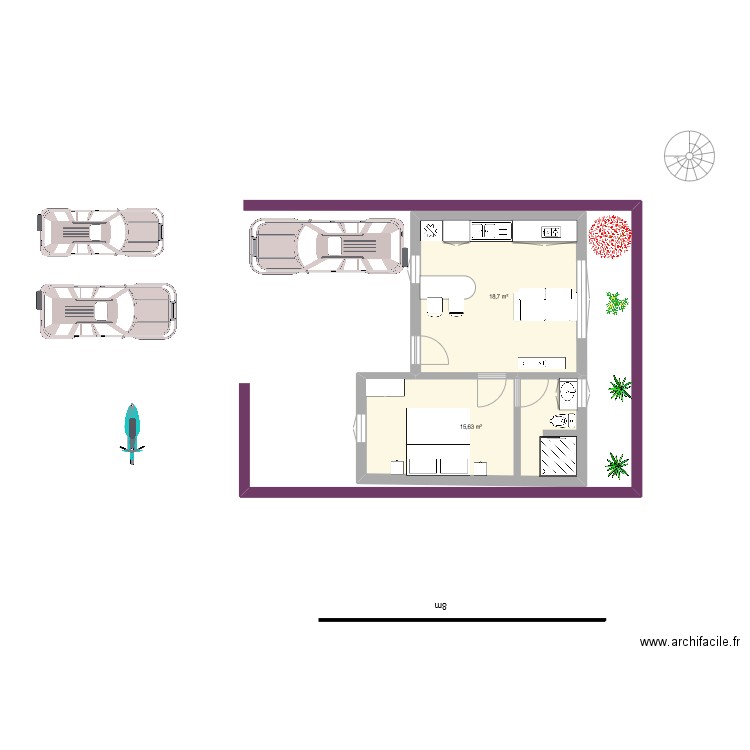 Omah Sutik Kasongan Parallel (en L). Plan de 2 pièces et 34 m2