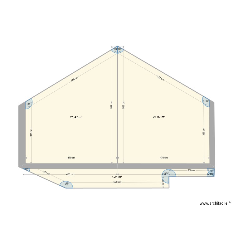 Face sud. Plan de 3 pièces et 50 m2