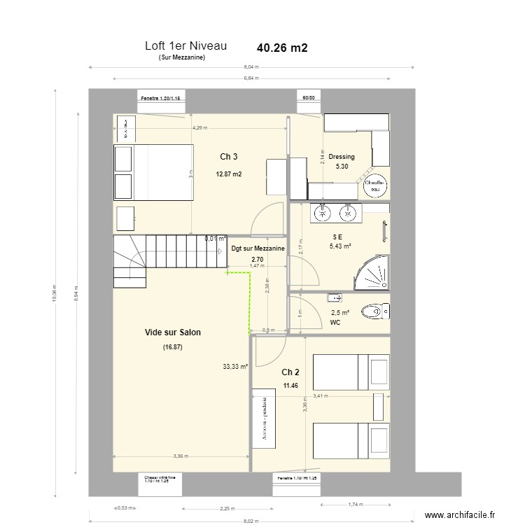 Loft 1 Niveau, Modifications/Mezzanine 3. . Plan de 5 pièces et 60 m2