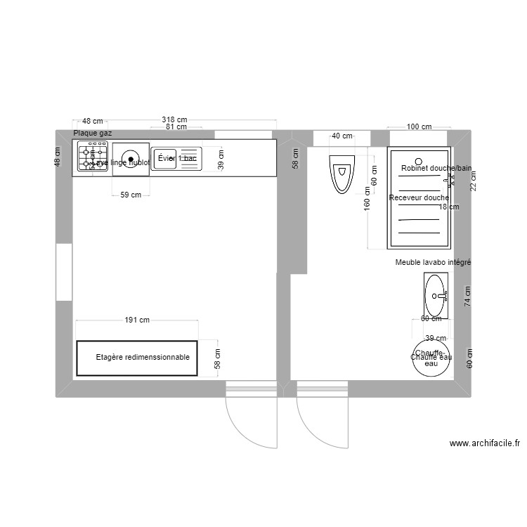 salon coté cuisine appart. Plan de 1 pièce et 20 m2