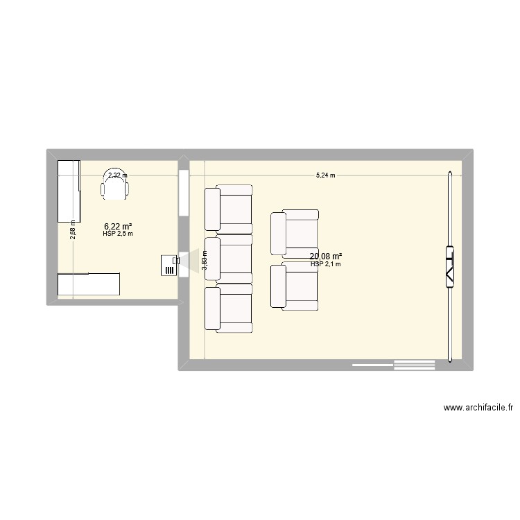 sdb. Plan de 2 pièces et 26 m2