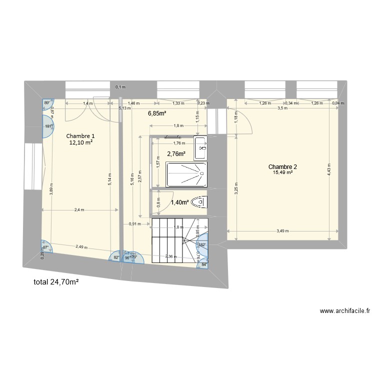 1er etage saint aubin sdb modifié ALEX. Plan de 4 pièces et 41 m2