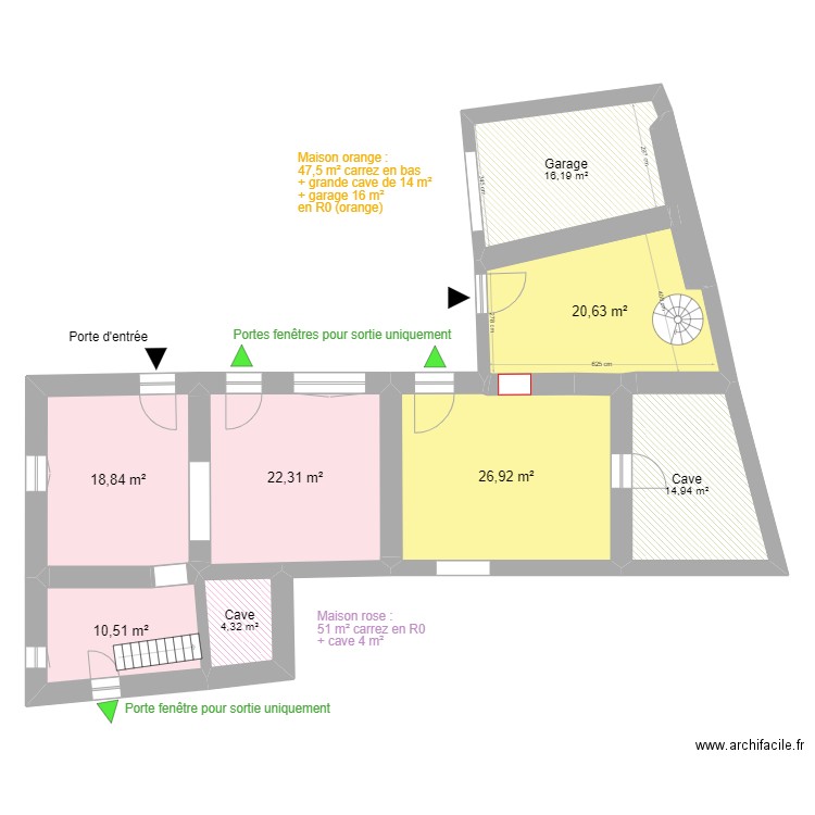 Poleymieux - division OK RDC totale (sans isolation ni cloisons). Plan de 9 pièces et 136 m2