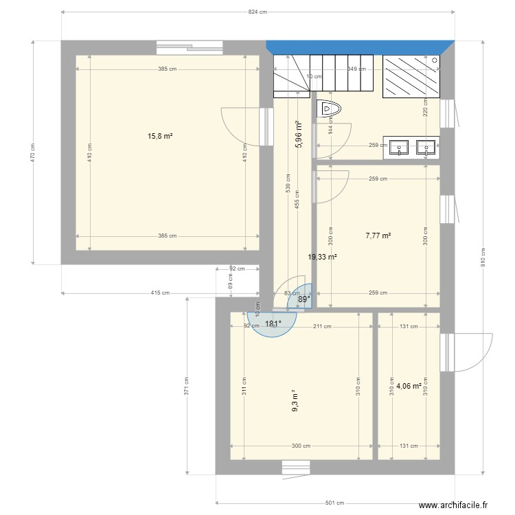 Plan maison bas travail. Plan de 4 pièces et 47 m2