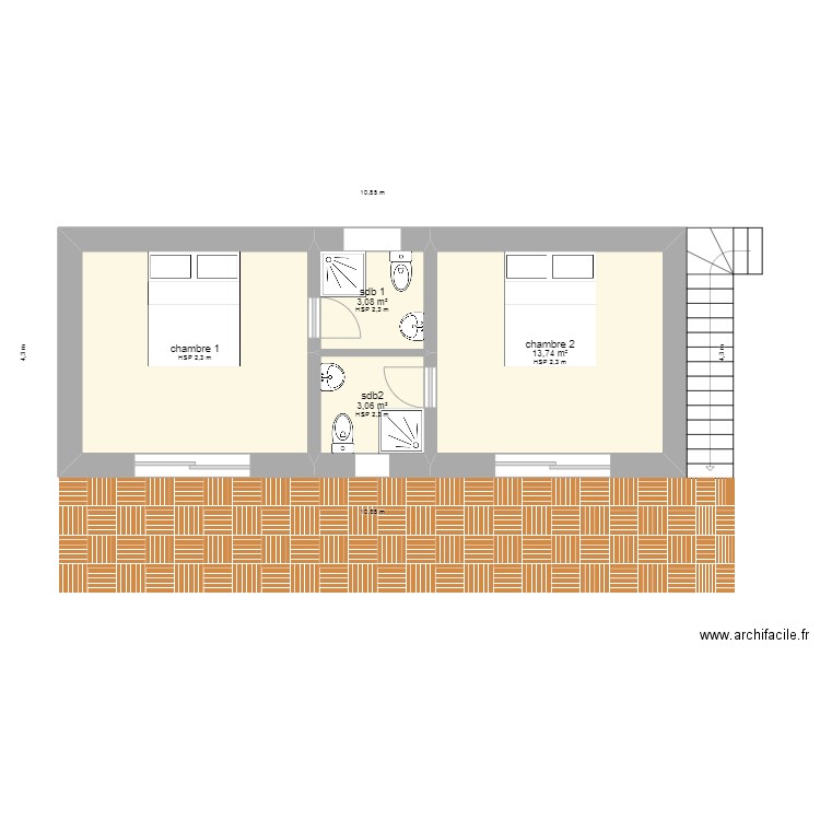 amenagement chambres. Plan de 4 pièces et 34 m2