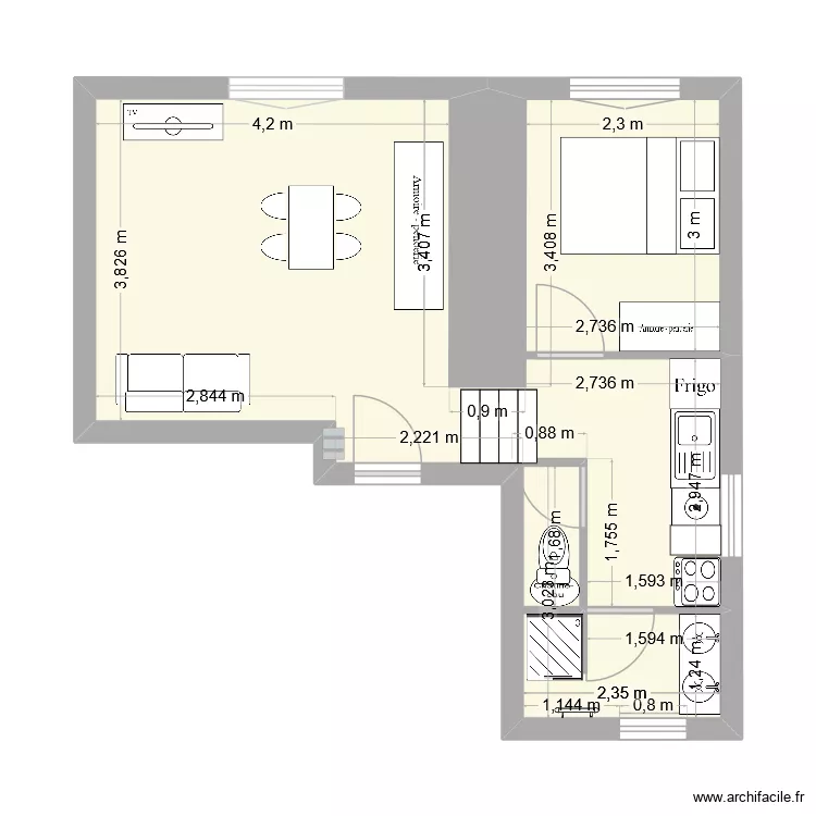 28 Quai CDG appart n&deg;3 - 2&eacute;me &eacute;tage. Plan de 1  et 34 m²