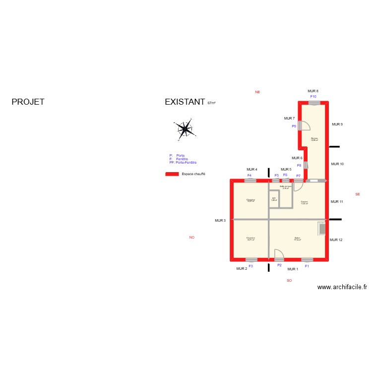 MANDIN_ Existant. Plan de 7 pièces et 67 m2