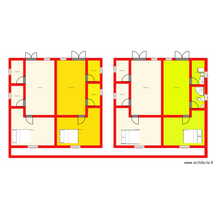 20/20m 10app par étage . Plan de 16 pièces et 142 m2