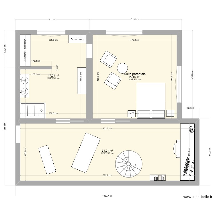 Suite parentale. Plan de 3 pièces et 70 m2