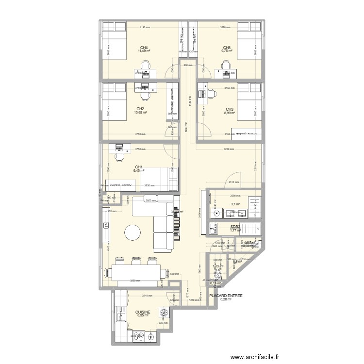 T7 Bellefontaine après travaux. Plan de 13 pièces et 103 m2