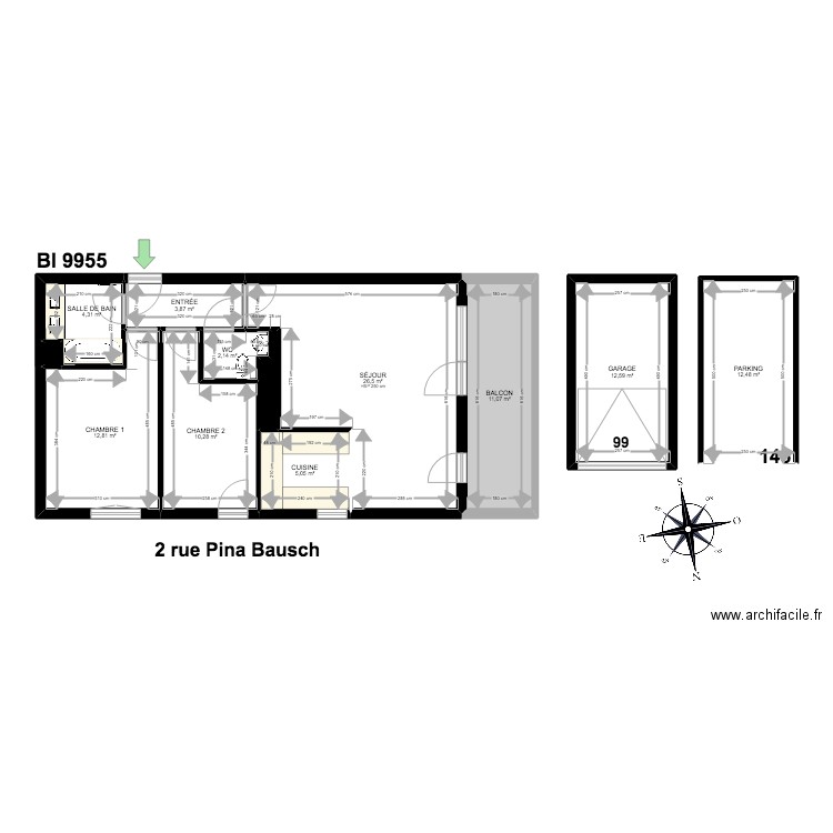 BI 9955. Plan de 12 pièces et 102 m2