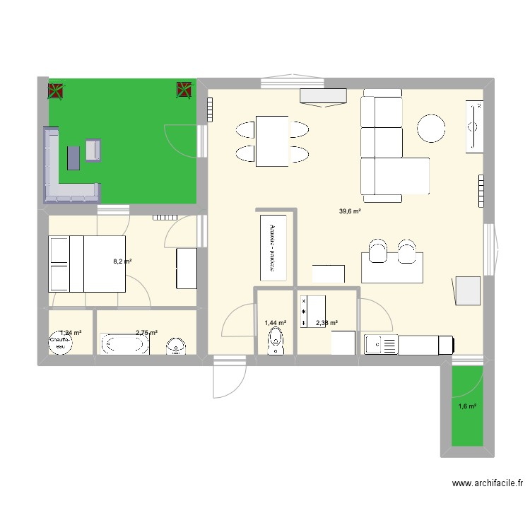 Appartement modifié. Plan de 7 pièces et 57 m2