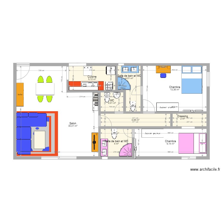 Appart 3P avec WC visiteurs avec couloir vers les chambres. Plan de 9 pièces et 74 m2