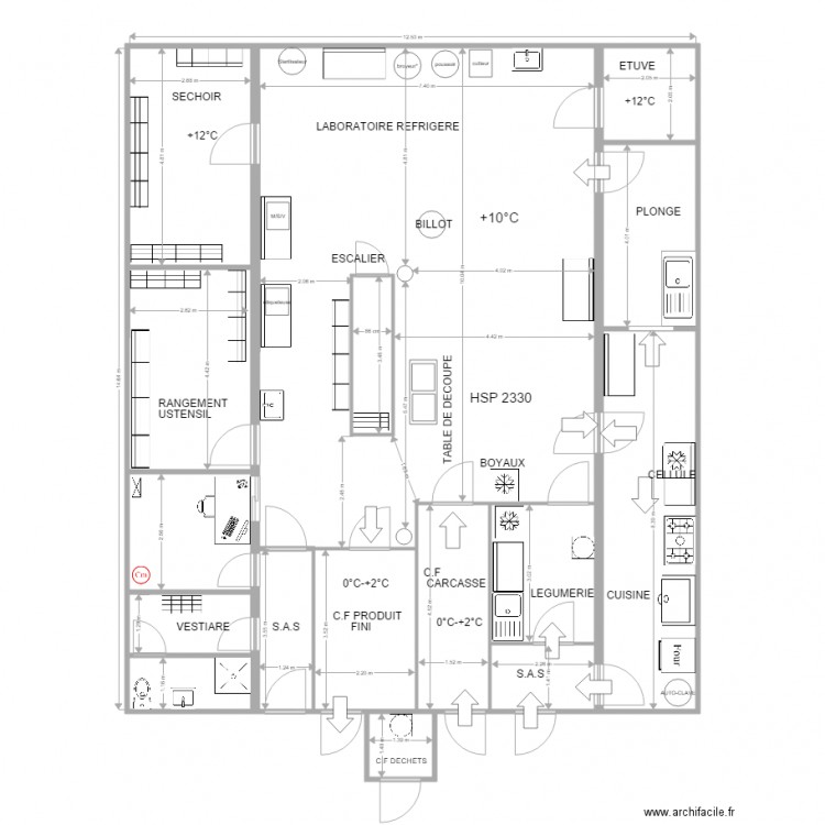 LABORATOIRE- BOUCHERIE. Plan de 14 pièces et 94 m2