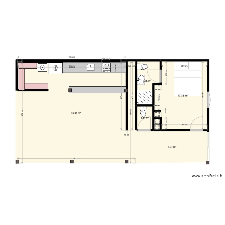 Bungalow2. Plan de 7 pièces et 74 m2