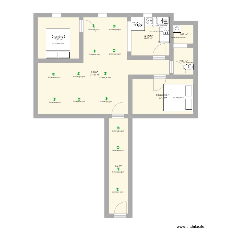 Plan 418 spot. Plan de 7 pièces et 68 m2