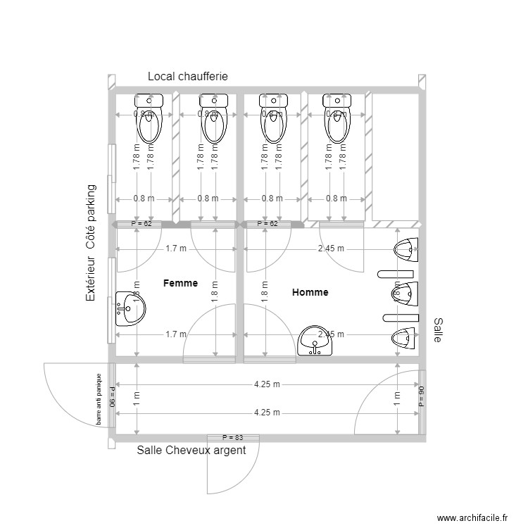 Toillettes salle polyvalente Actuel. Plan de 8 pièces et 19 m2