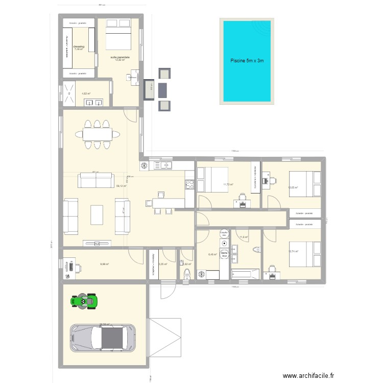 Maison en T plain pied. Plan de 0 pièce et 0 m2