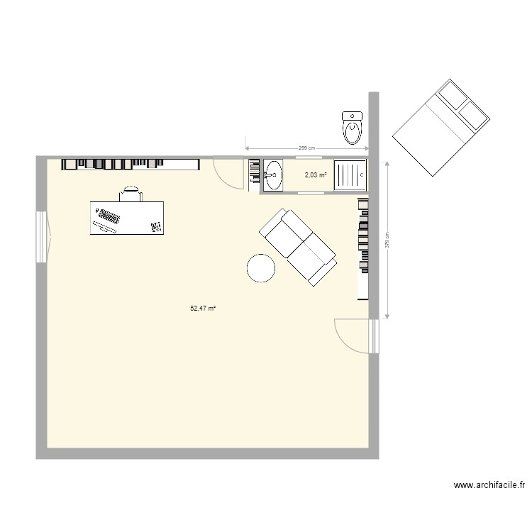 sdb haut. Plan de 2 pièces et 55 m2