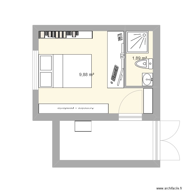 Chambre. Plan de 2 pièces et 12 m2