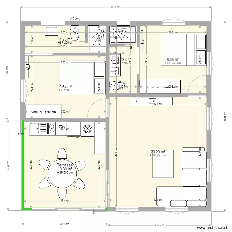 bungalow 2 chambres. Plan de 