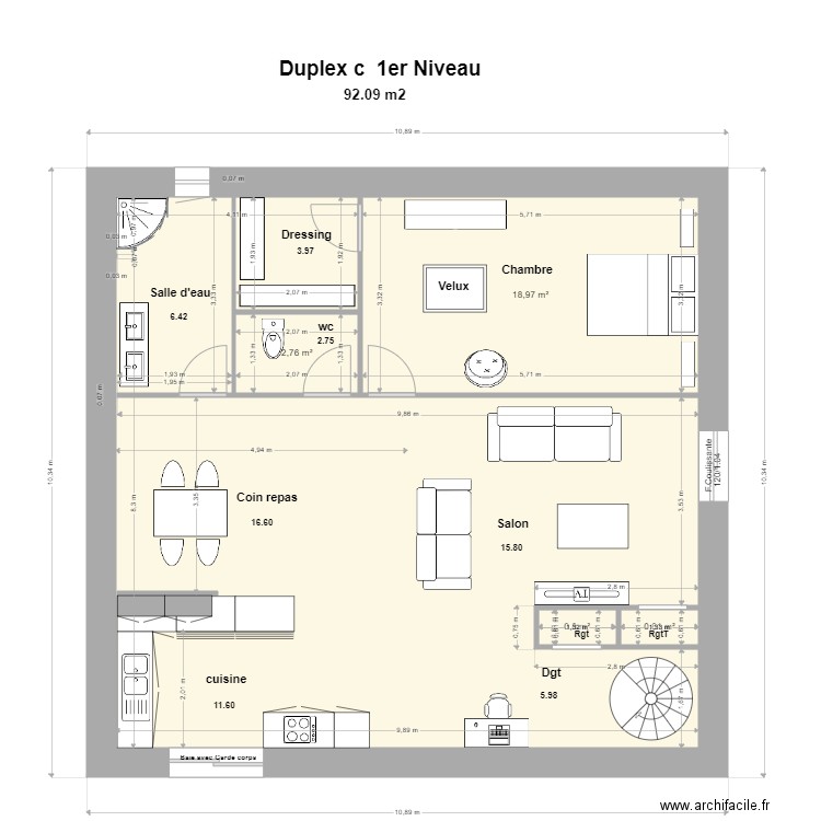 Duplex C 1er Niveau:. Plan de 5 pièces et 91 m2