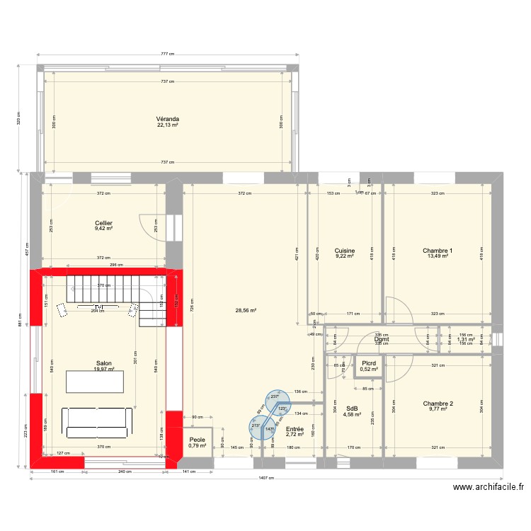 Maison transformations escalier palier fond meublé. Plan de 13 pièces et 125 m2