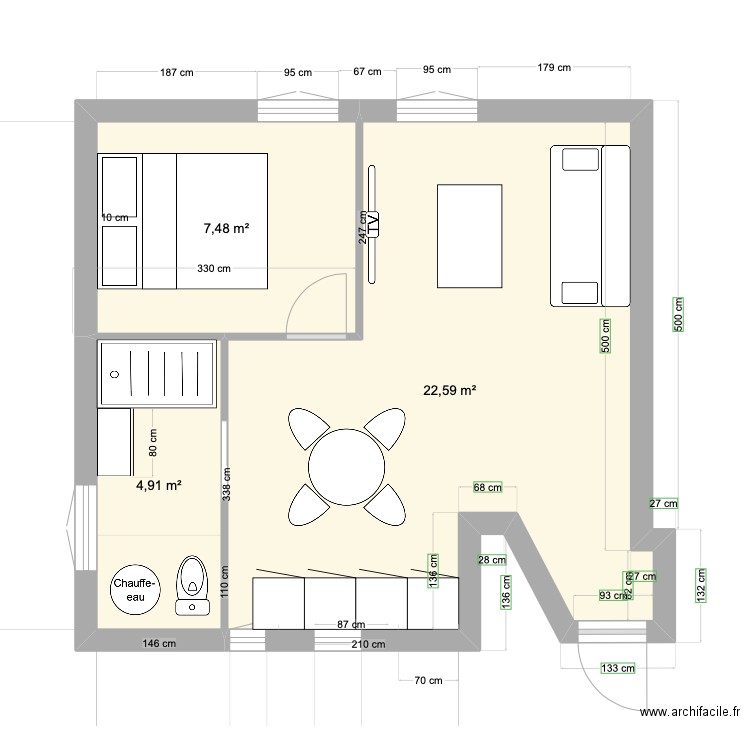 Saint Hilaire Pierre V2. Plan de 3 pièces et 35 m2