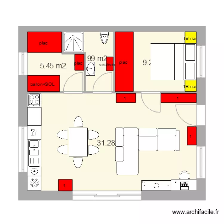 1chambre et 1grand placard  50m2. Plan de 