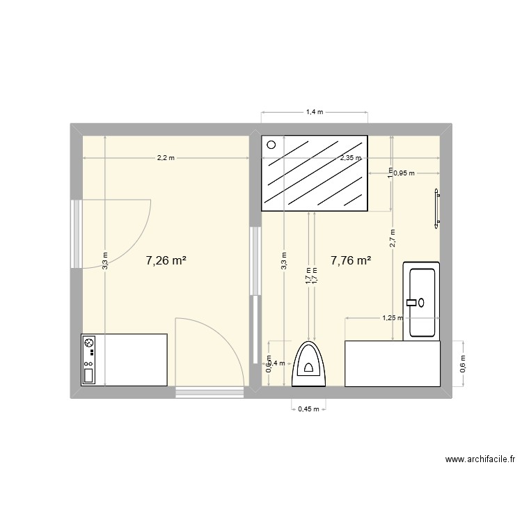 Irène LATINIER. Plan de 2 pièces et 15 m2