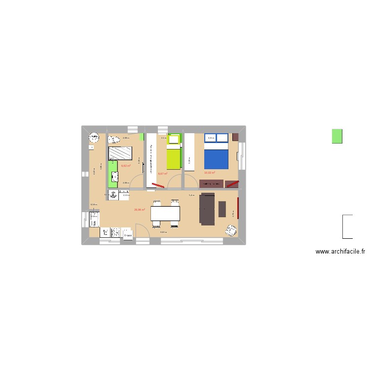 2ch 50m2. Plan de 3 pièces et 54 m2
