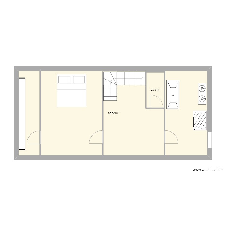 etage. Plan de 2 pièces et 62 m2