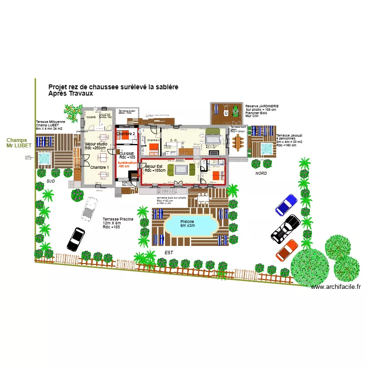 plan masse rez de chauss&eacute;e terrasses piscine barri&egrave;res. Plan de 