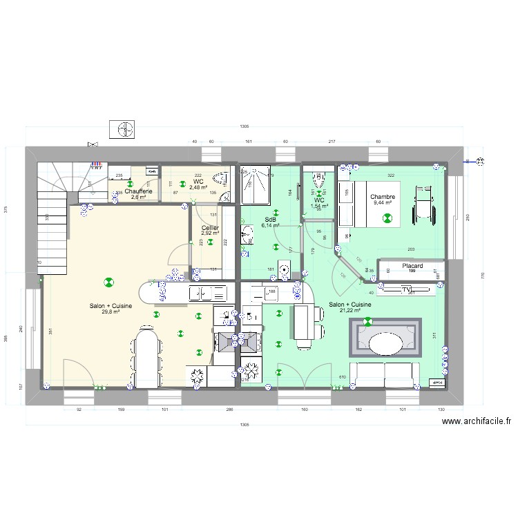 RDC. Plan de 9 pièces et 131 m2