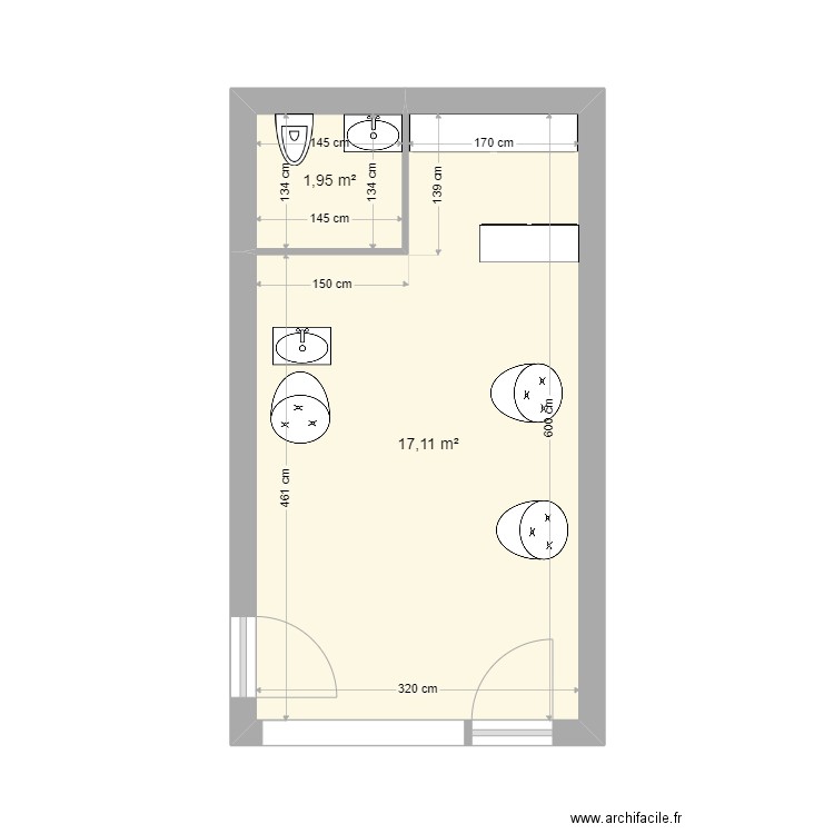 salon de coiffure. Plan de 2 pièces et 19 m2