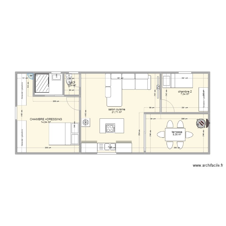 2x40 avec veranda. Plan de 5 pièces et 54 m2