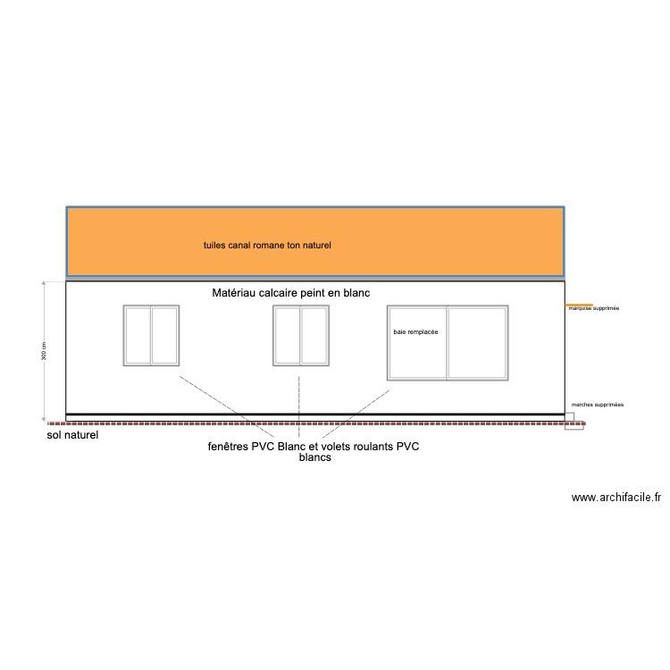 facade sud initiale. Plan de 1 pièce et 16 m2