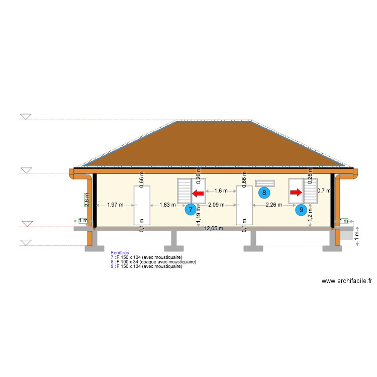 Facade Arrière Aluminum. Plan de 2 pièces et 55 m2