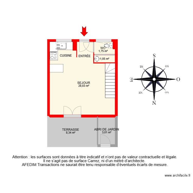 BI 7955 RDC . Plan de 5 pièces et 42 m2