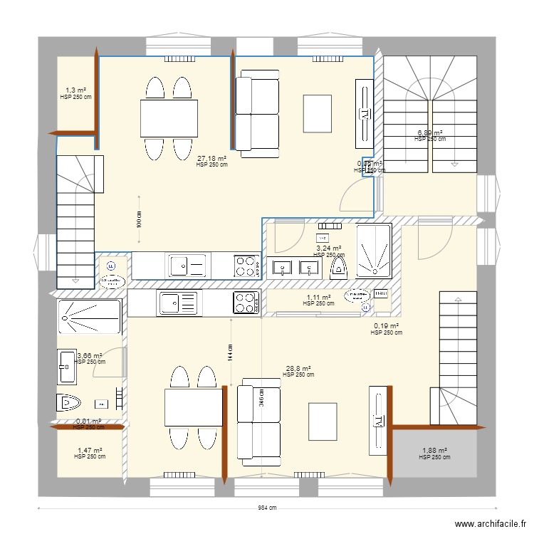 R2 et R3. Plan de 14 pièces et 105 m2