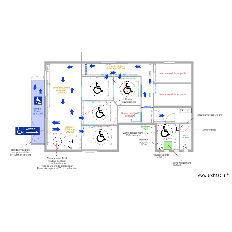 accessibilité handicapé. Plan de 5 pièces et 30 m2