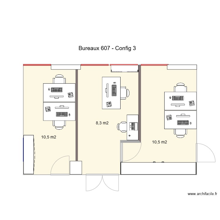 Bureaux 607 Config3. Plan de 2 pièces et 34 m2