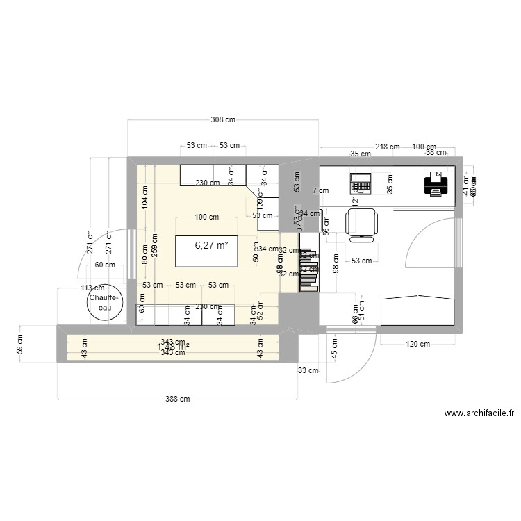 Projet aménagement bureau Charlotte. Plan de 2 pièces et 8 m2