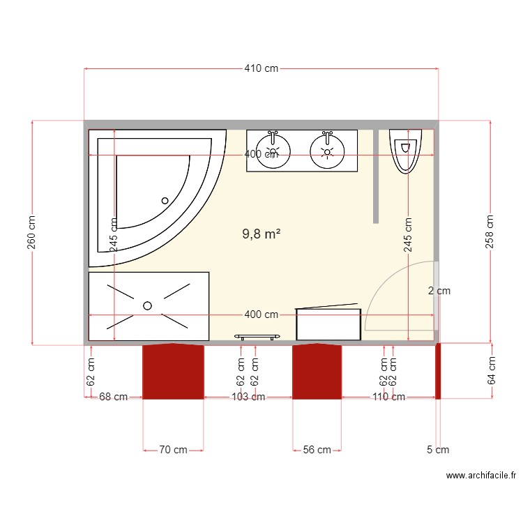 sdb. Plan de 1 pièce et 10 m2