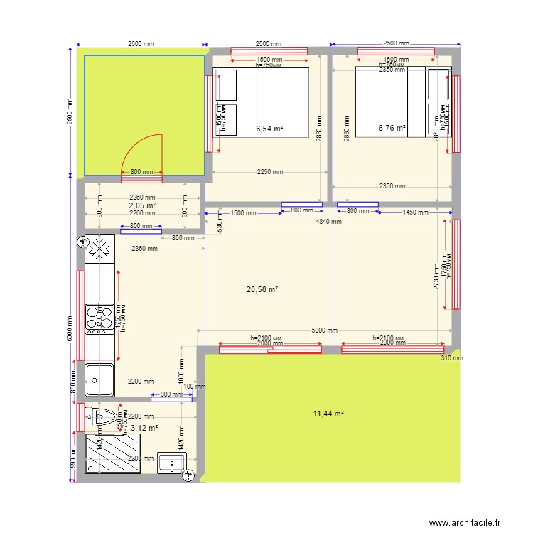 45 6 2 zerkalo. Plan de 7 pièces et 56 m2