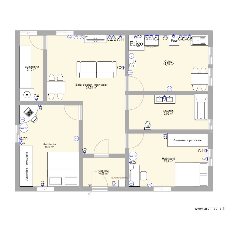 Sintesi casa circuits. Plan de 7 pièces et 87 m2