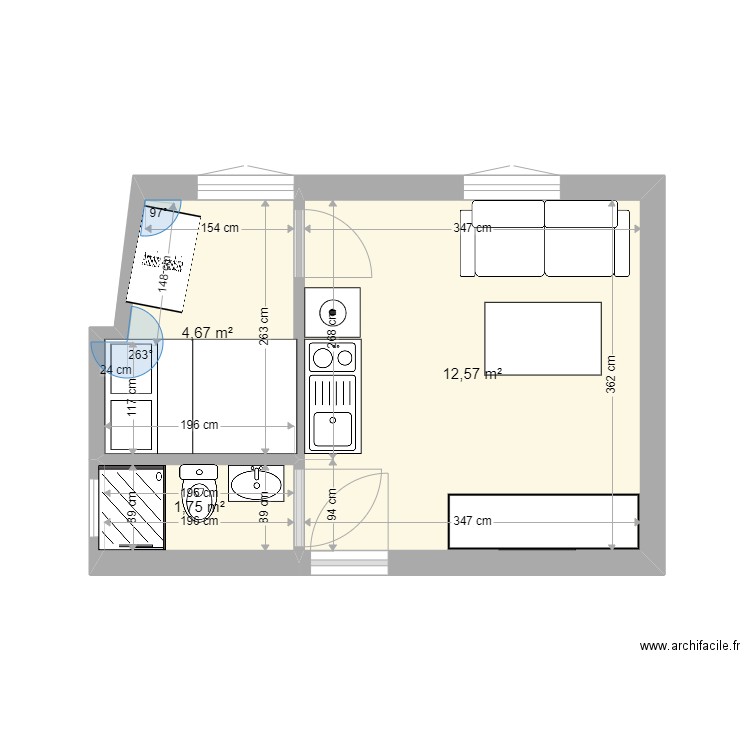 studio travaux chere 3. Plan de 3 pièces et 19 m2