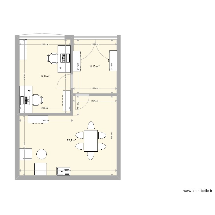 bureau atelier. Plan de 3 pièces et 44 m2