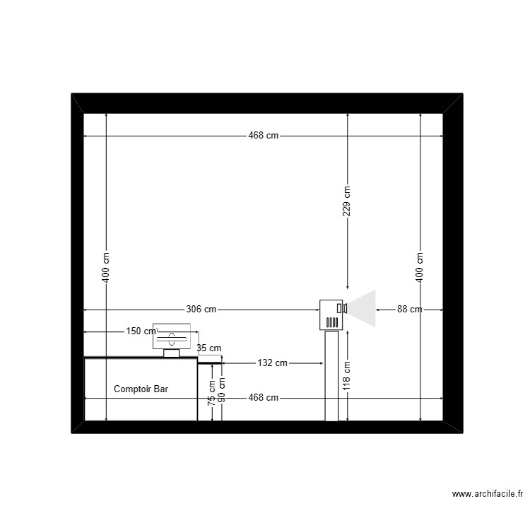 plan de coupe Boutique véro. Plan de 1 pièce et 19 m2